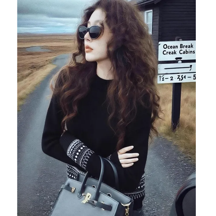 法式复古费尔岛风半高领针织衫2025秋冬高级感慵懒风显瘦黑色毛衣