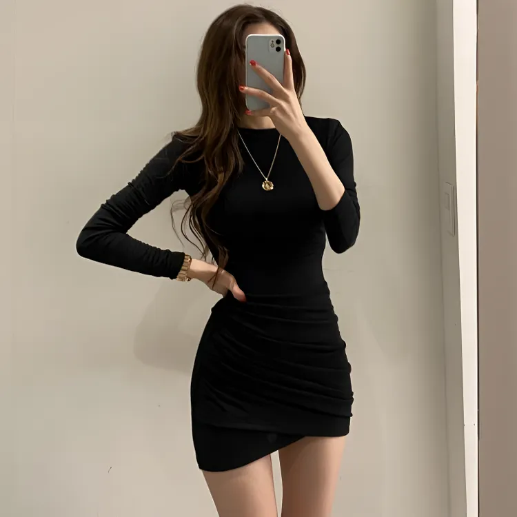 辣妹修身长袖连衣裙女韩版秋季2025新款收腰紧身性感包臀短裙气质