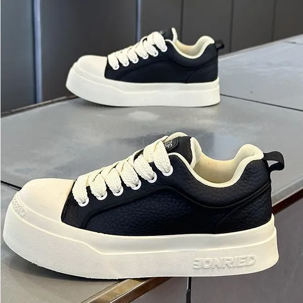 网红爆款厚底小白鞋男秋季新款透气皮面松糕鞋男款轻便运动休闲鞋