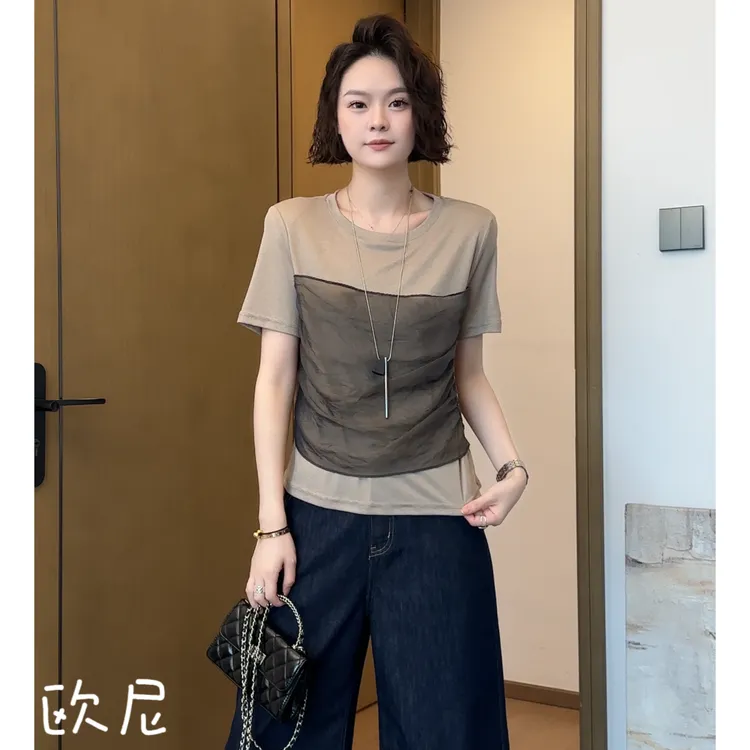 欧尼私服 2025夏天丝拼纱设计圆领短袖T恤显瘦上衣2506C3274