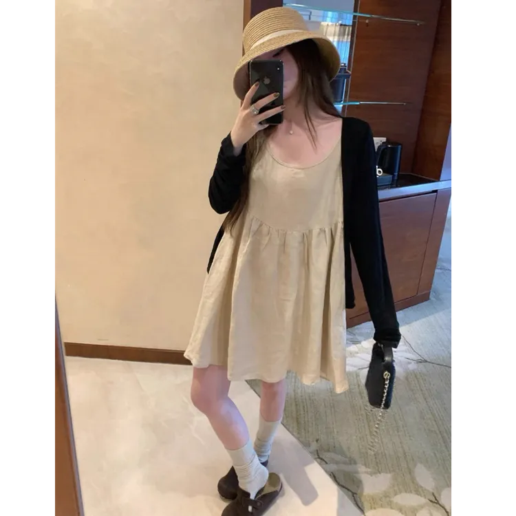 秋季新款慵懒休闲百搭开衫+甜美温柔风无袖连衣裙两件套装D718