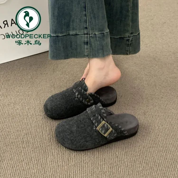 啄木鸟韩版复古晚晚风平底包头半拖鞋女外穿一脚蹬厚底灰色勃肯鞋