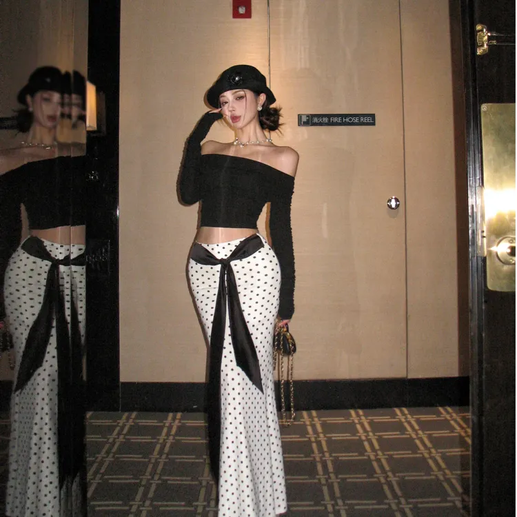 美式辣妹复古一字肩短款上衣+波点半身裙高腰显瘦包臀鱼尾长裙