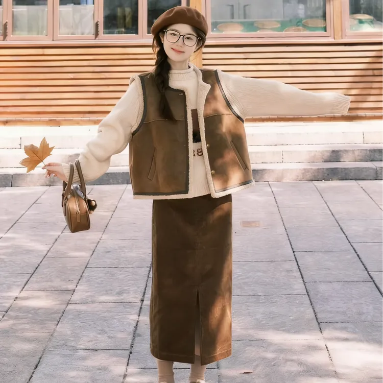 美式复古三件套装女秋冬一体马甲搭配毛衣半身裙