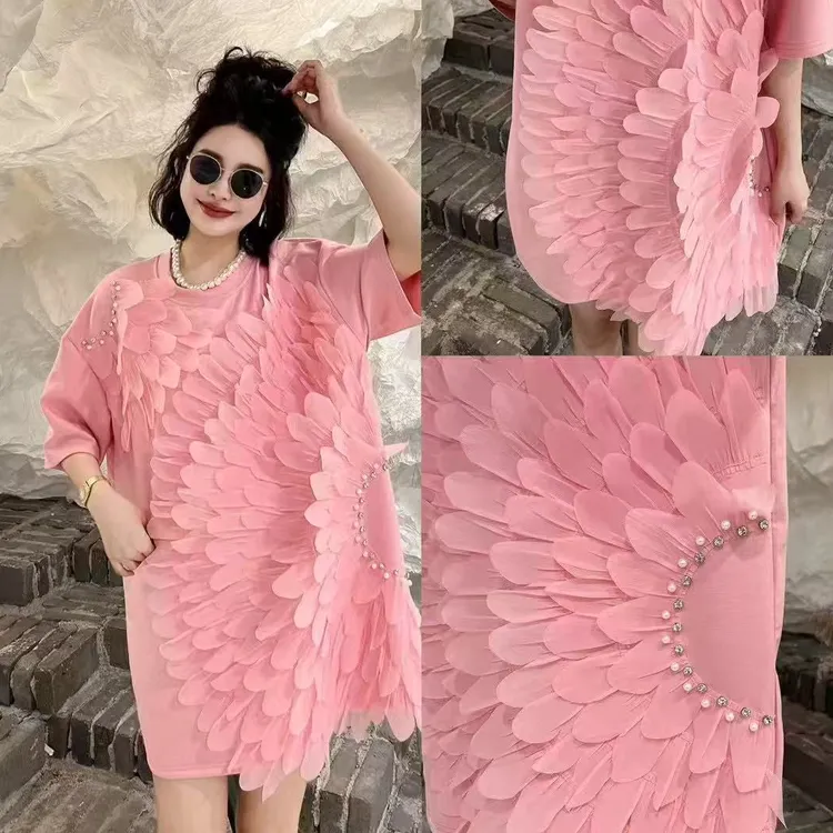 欧货洋气时尚宽松钉珠重工装饰拼接设计感显瘦遮肉T恤气质上衣