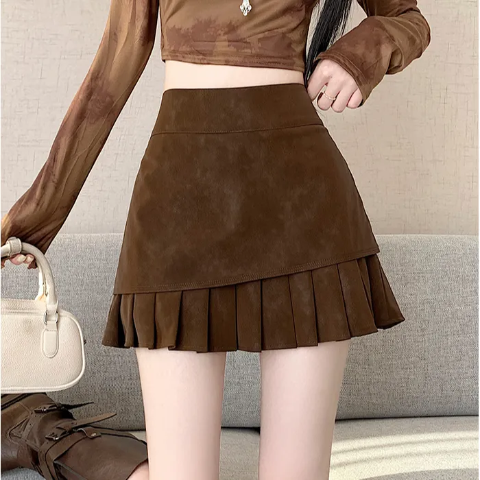 韩版设计感高腰不规则拼接百褶短裙春秋新款美拉德丝绒PU皮半身裙