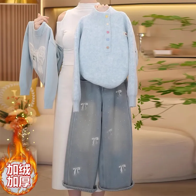 女童加厚半高领毛衣加绒牛仔裤套装2025新款秋冬针织衫一体绒裤子