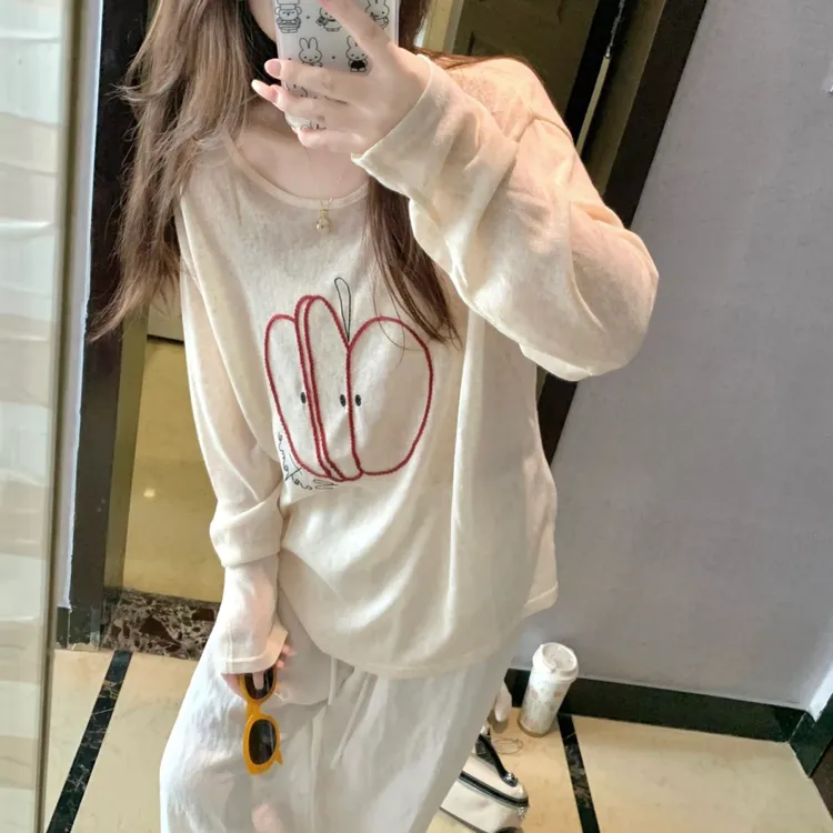 美式复古罩衫苹果刺绣长袖t恤女空调衫宽松防晒慵懒风夏薄纱上衣N