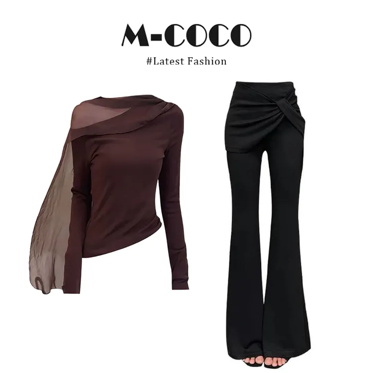 美拉德斜肩露肩网纱飘带针织衫设计感显瘦微喇裤两件套