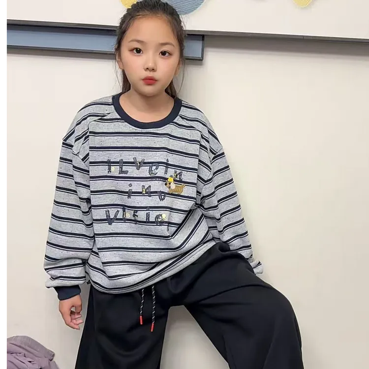加绒套头男女通用休闲风甜美条纹卫衣童装中大童休闲秋冬季加绒