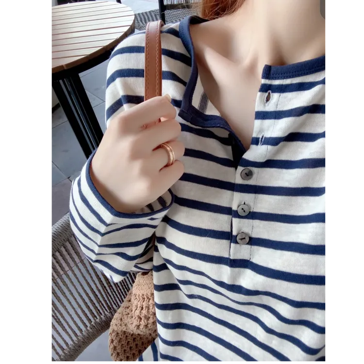 原版来啦 长袖条纹打底衫女秋冬新款女时尚撞色拼接圆领t恤上衣潮