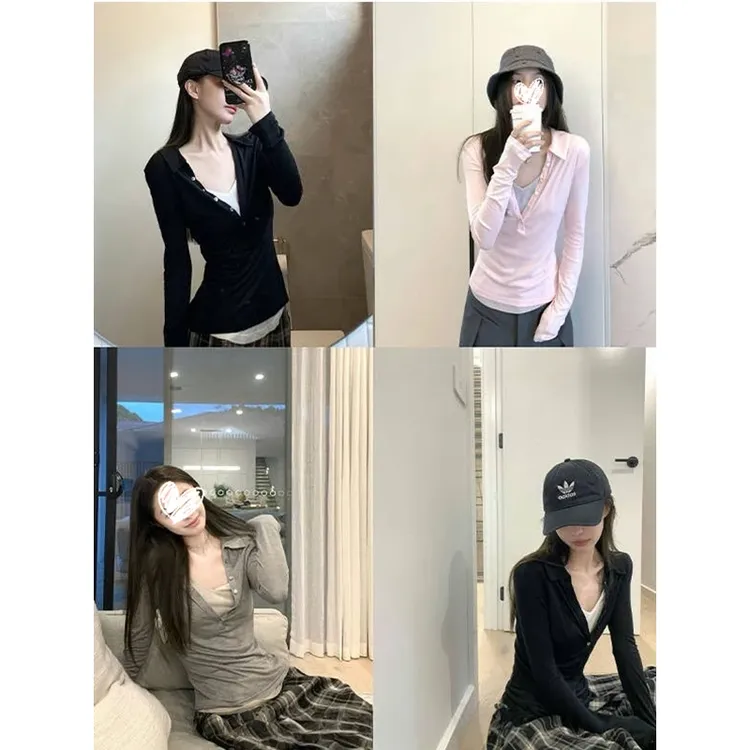 早秋薄款长袖t恤微胖显瘦辣妹打底假两件设计感长袖上衣T90000