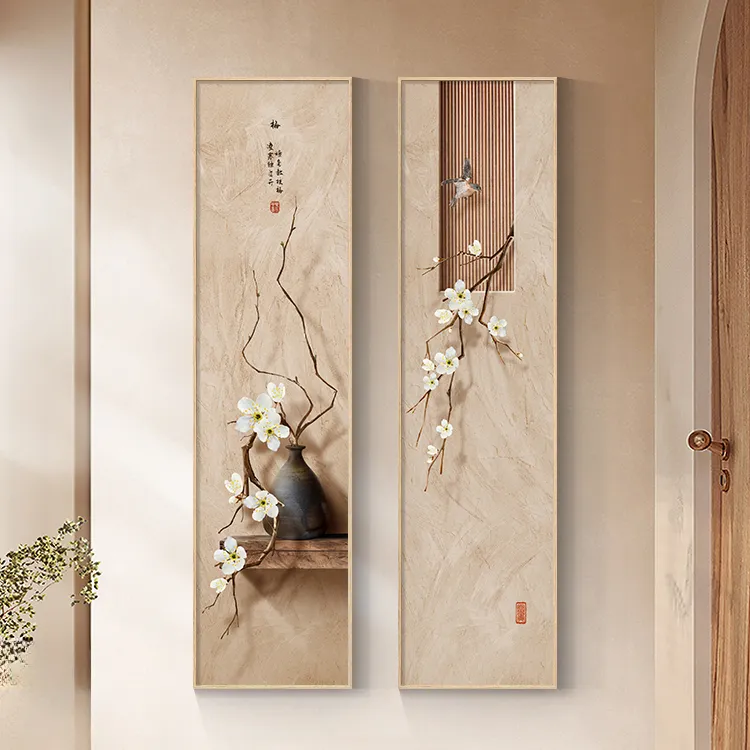 新中式装饰挂画走廊背景过道挂画高级茶室玄关装饰画过道竖版壁画