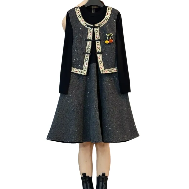 大维罗依XYJ新款大码名族风拼接设计感马甲连衣裙气质两件套