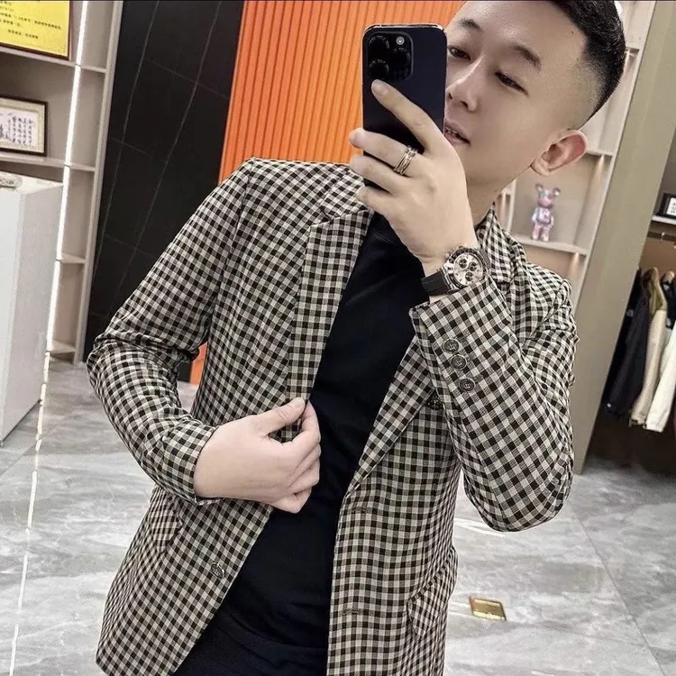 2025春秋男士新款千鸟格西服外套欧货高端韩版修身显瘦百搭男上衣