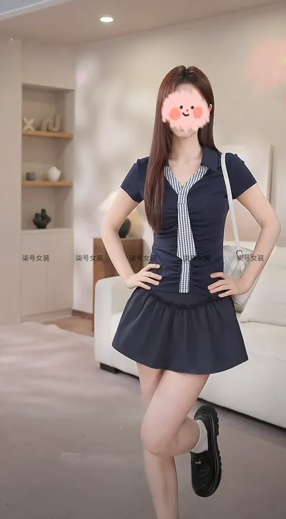 韩系气质学院风翻领修身显瘦格子领带上衣高腰半身短裙裤两件套女