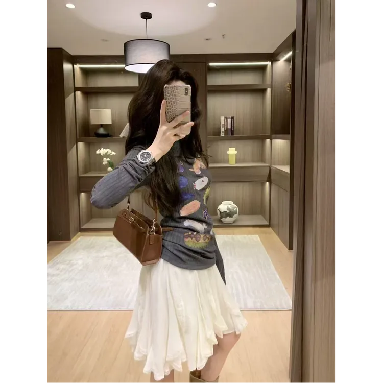 2025春夏新款圆领印花针织棉洋气长袖T恤蕾丝蛋糕裙A字短裙两件套