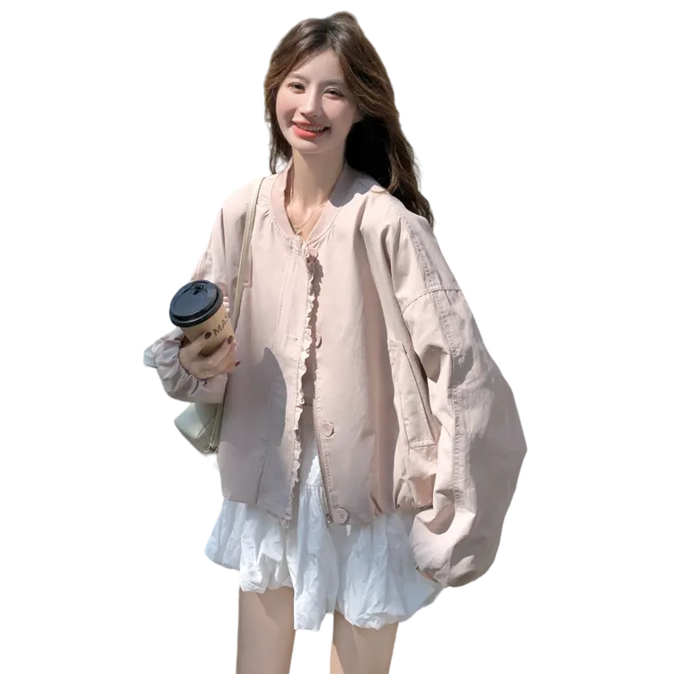 减龄休闲粉色甜美棒球服外套女2025秋季新款小个子木耳边夹克上衣