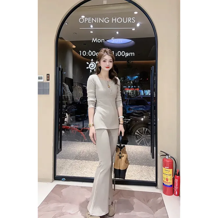 涵儿家 时尚休闲显瘦加薄绒针织两件套套装（修身上衣+高腰喇叭裤）