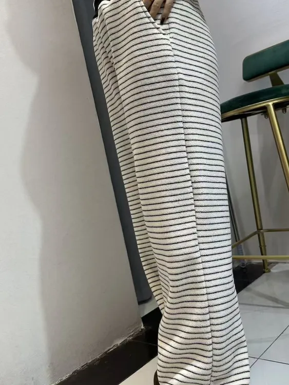 秋冬慵懒风毛巾条纹豹纹阔腿裤女高腰显瘦加绒加厚针织口袋休闲裤