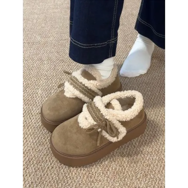 OJRZ复古松糕厚底勃肯鞋女2025冬季加绒配裙子保暖魔术贴毛毛棉鞋