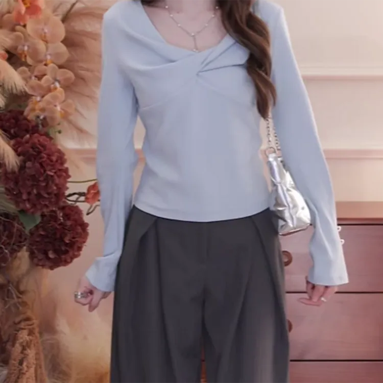 蓝色纽结正肩长袖t恤女设计感小众修身上衣C6310