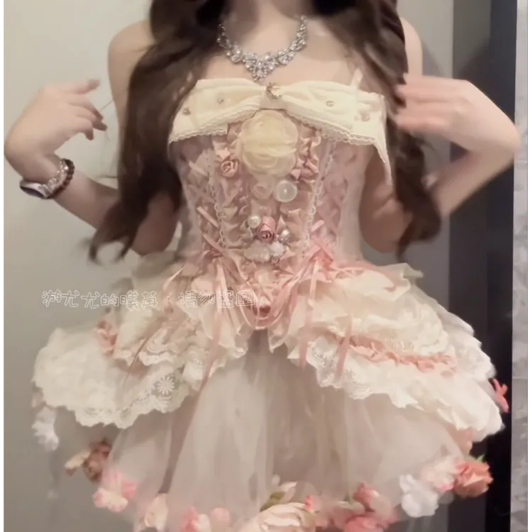 【精选】可爱芭蕾风粉色洛丽塔生日优雅蛋糕裙套装