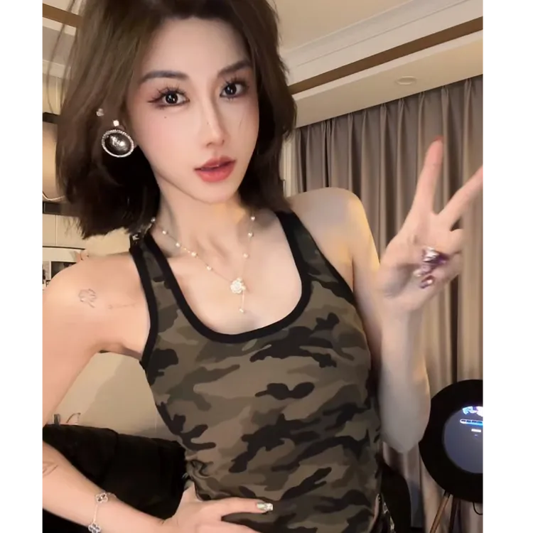 带胸垫辣妹迷彩吊带背心女夏季工字性感无袖短款打底露背上衣外穿