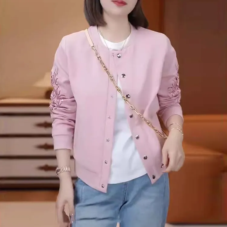 2025春秋季新款女士粉色减龄气质开衫短外套高级感时髦洋气棒球服