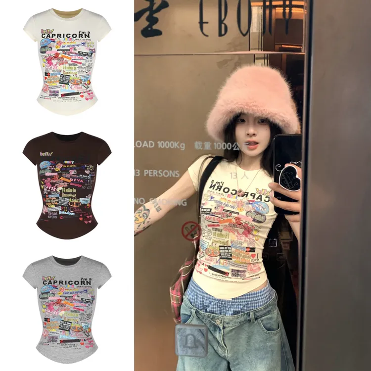 美式复古印花圆领短袖T恤女夏季2025新款修身正肩显瘦短款小上衣