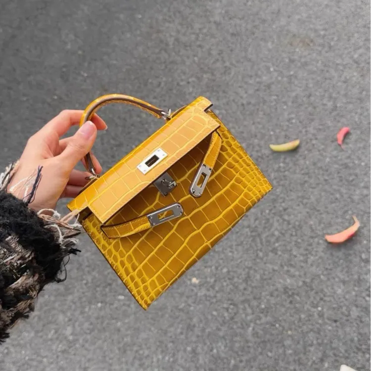 琥珀黄鳄鱼纹二代凯莉包包女真皮迷你手提包高级感百搭单肩斜挎包