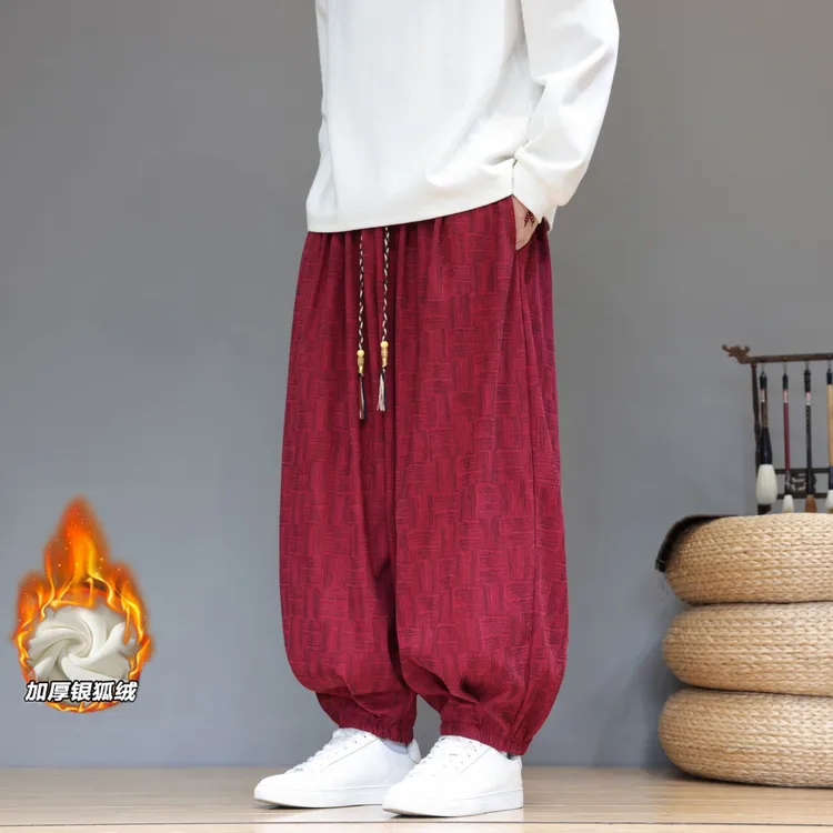 新中式加绒加厚阔腿裤男士秋冬休闲宽松大码中国风灯芯绒哈伦裤男