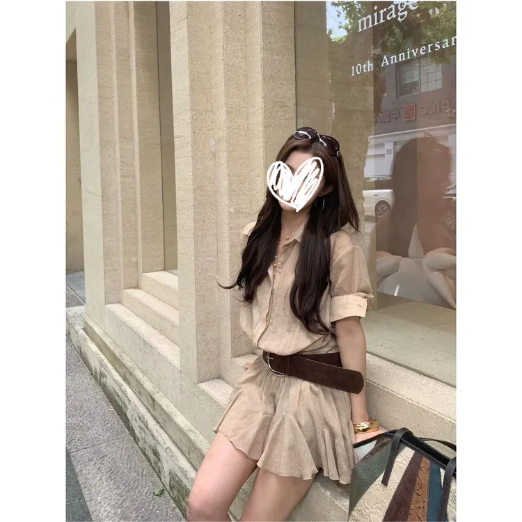 【椰影白沙】赠打底裤+腰带夏季新款女衬衫连衣裙衬衫百褶法式套装