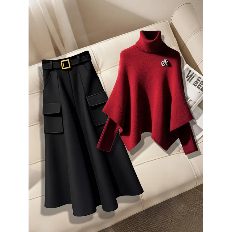 2025秋冬季流行一整套女休闲百搭红色假两件斗篷毛衣半身裙两件套