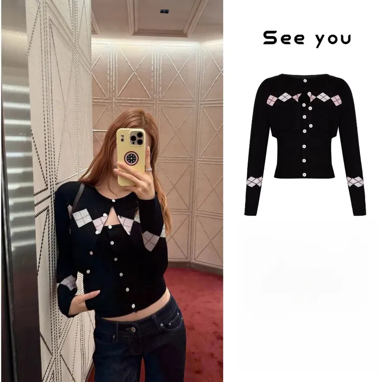  菱格秋季复古单排扣吊带上衣显瘦短款针织开衫两件套A1611