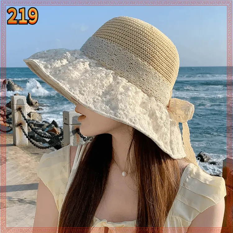 夏季海边度假阳渔夫帽女时尚可折叠大帽檐蕾丝雏菊遮脸D461