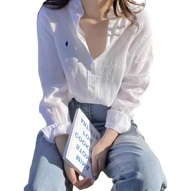 外贸品牌尾货白色棉麻衬衫女春秋款休闲宽松显瘦长袖外搭亚麻上衣