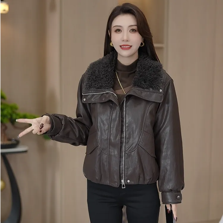 加绒加厚海宁软皮短款皮衣外套女冬季新款毛领显瘦上衣宽松休闲