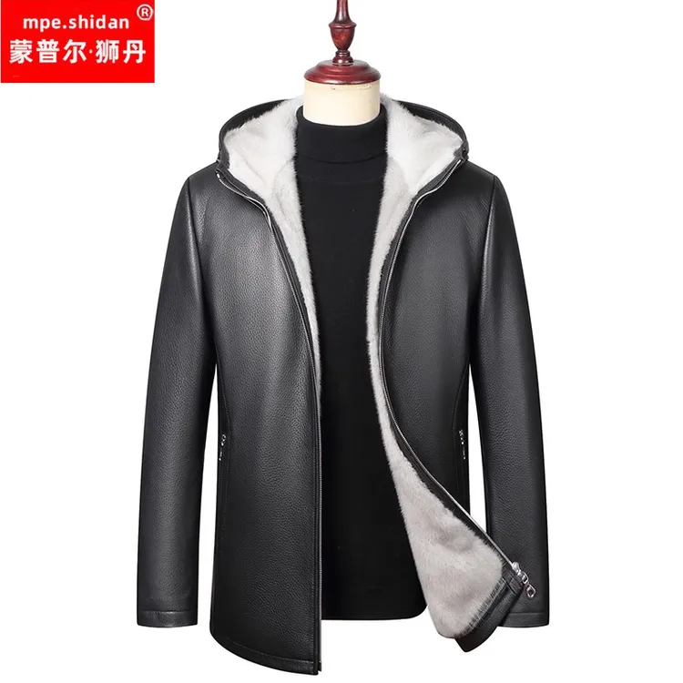 男士高档真鹿皮皮衣正宗蓝宝石整貂水貂内胆连帽皮毛一体冬季加厚