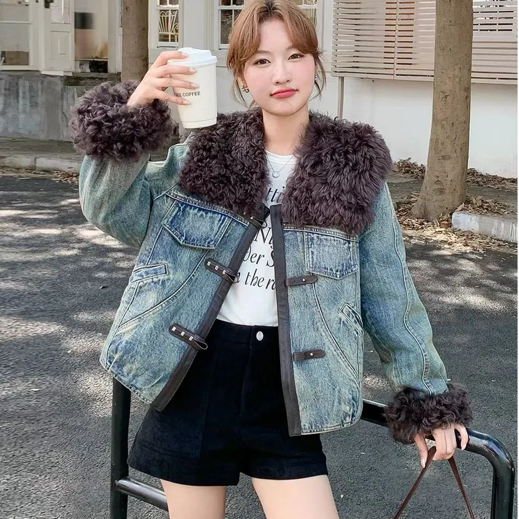 〖猫姐衣橱〗秋季新款羊羔毛领加厚牛仔棉外套6098