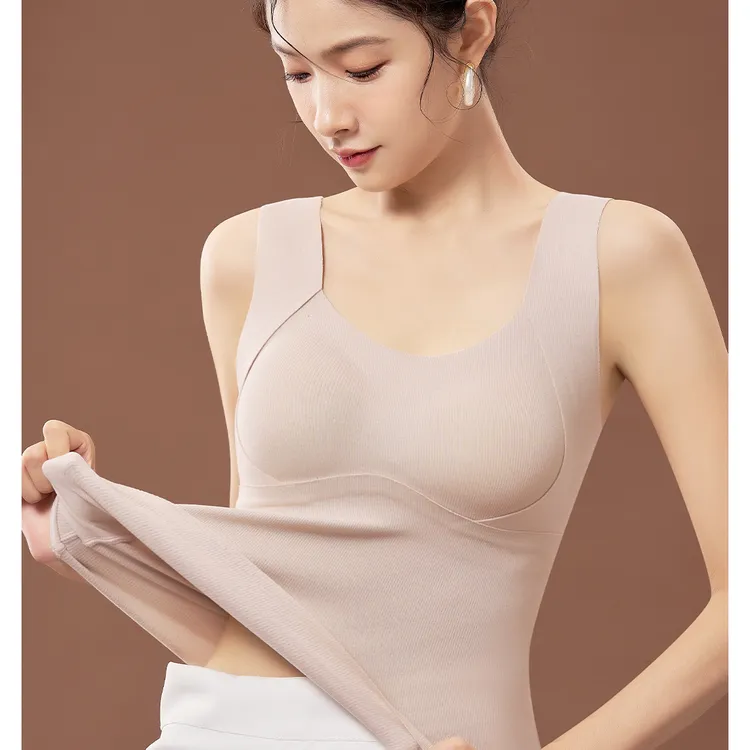 简约圆领修身保暖马甲蚕丝内里固定一体杯免穿文胸保暖背心女外穿