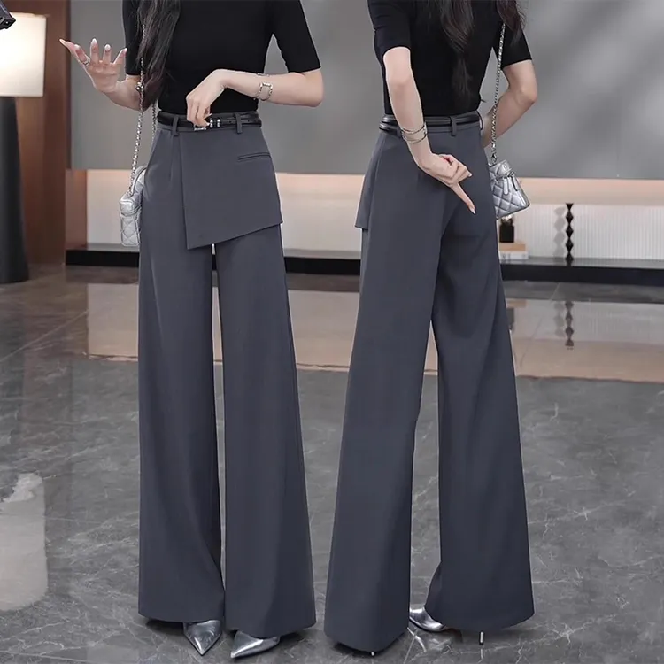 灰色假两件休闲裤女2025秋季新款腰带优雅气质显瘦直筒西装裤子女