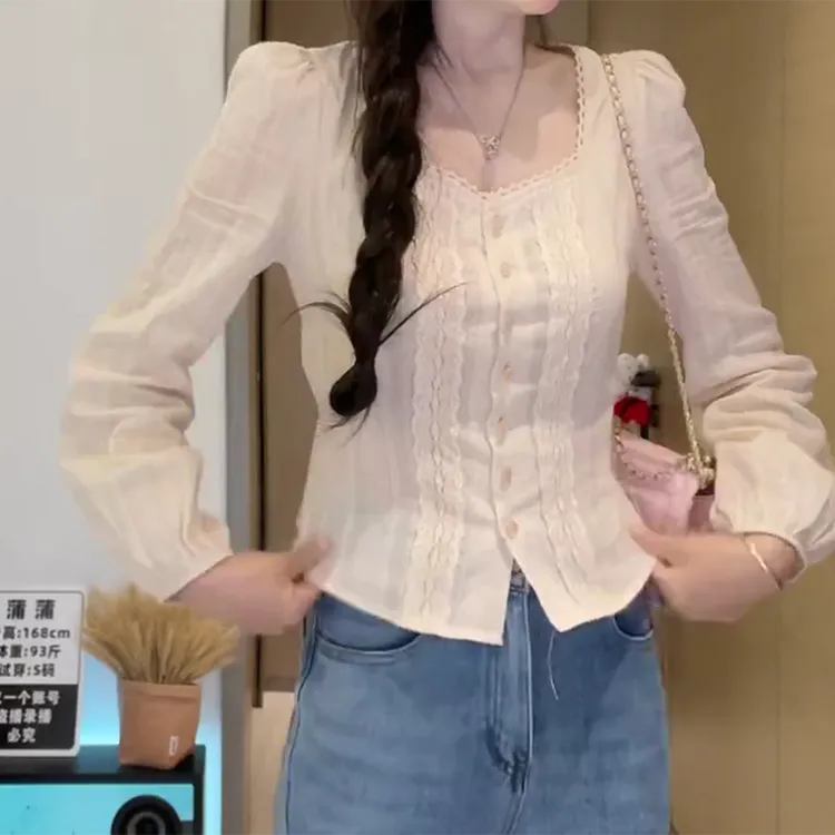 韩国小众设计早秋法式方领蕾丝显瘦长袖衬衫上衣C6258