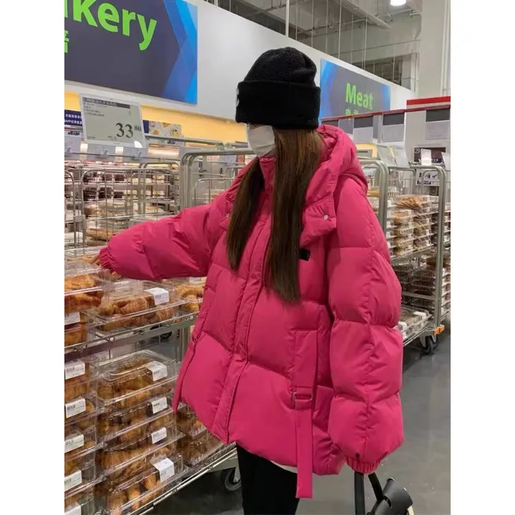 【浅浅专属】火龙果色加厚保暖连帽小个子棉服外套女宽松面包服棉袄