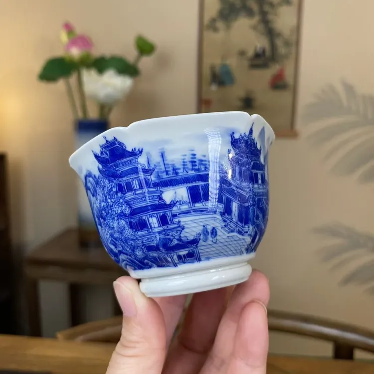 【九茗珍藏】精工楼阁六方杯 景德镇纯手工手绘茶器茶具