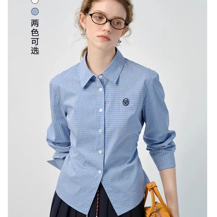 蓝色衬衫女2025年春季新款收腰法式修身长袖格纹上衣