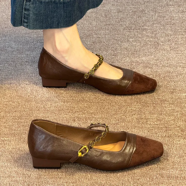 羊皮版~法式方头玛丽珍鞋女2025春秋新款复古一字带低跟浅口单鞋