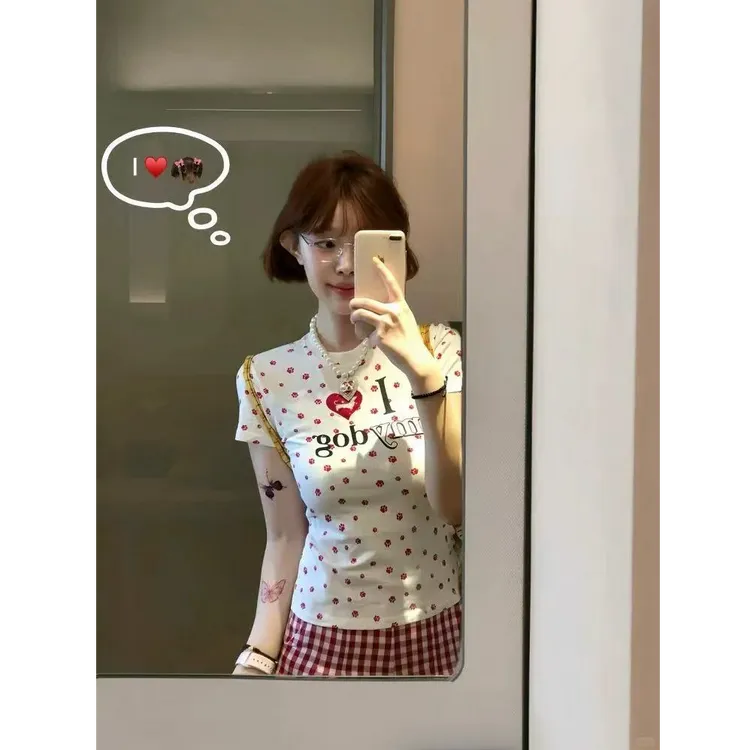 甜辣妹烫钻小狗短袖t恤女夏季2025新款修身显瘦收腰美式短款上衣