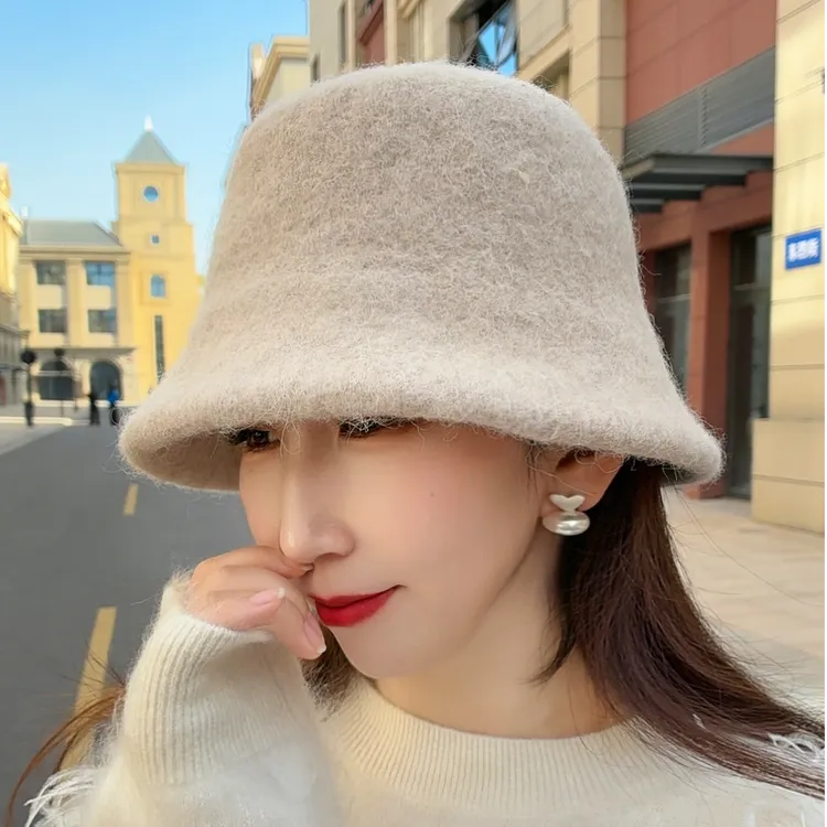 冬季加厚羊毛羊驼毛女盆帽渔夫帽帽子极简帽子女保暖大头围帽子