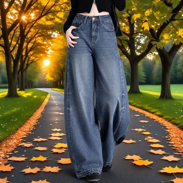 拼接阔腿牛仔裤女2025年新款秋冬加绒高腰大码显瘦裤子宽松弯刀裤